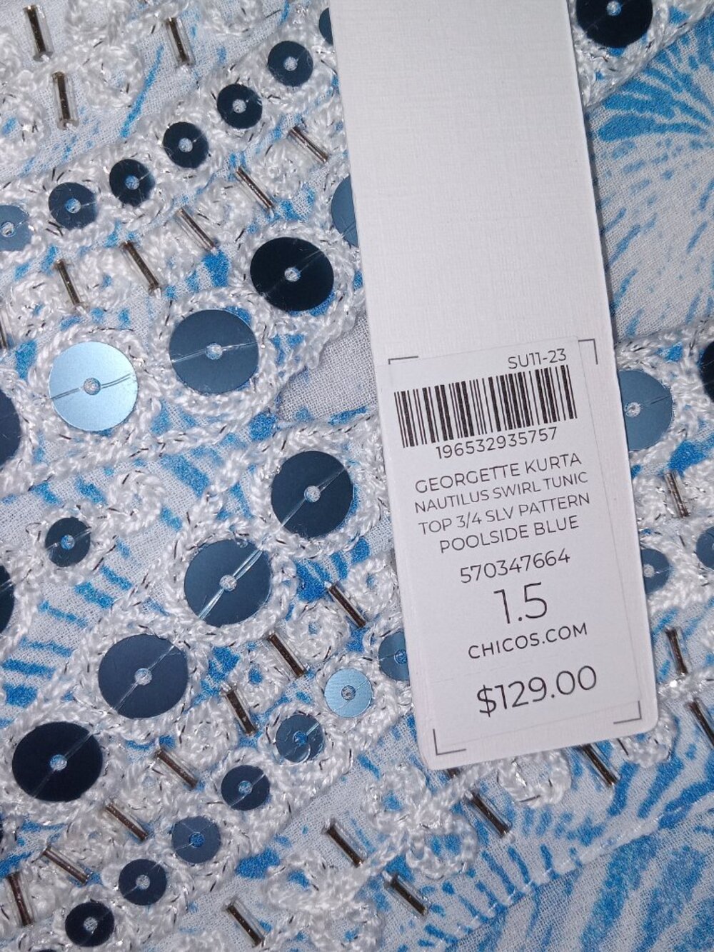 Chico’s Nautilus Swirl Georgette Tunic Top Blue Beaded Kurta 3/4 Sleeve Size L - Picture 10 of 13